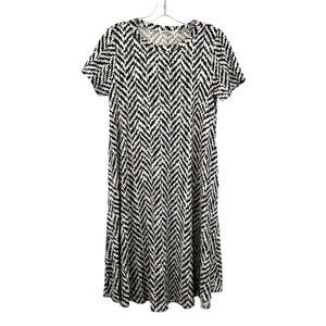 Honey & Lace Womens Short Sleeve Black/White Print Midi Shift Dress Pockets S